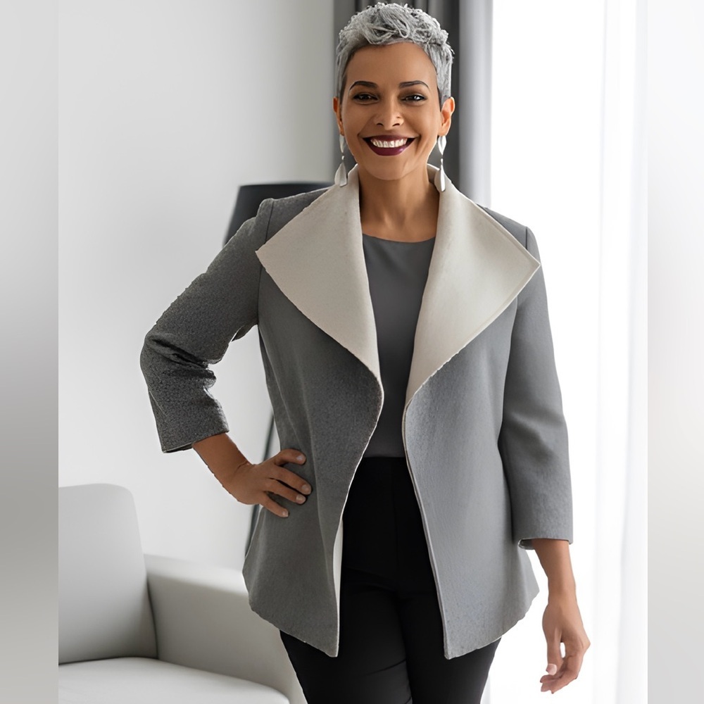 EUC Talbots SZ S/P 2 toned gray open front blazer w/side pockets/bust 36”